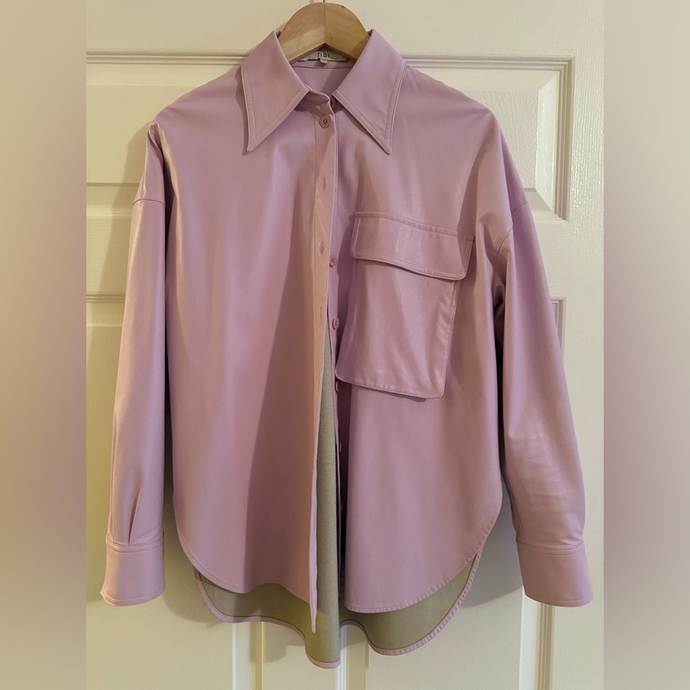 Tibi Faux Leather Lilac Button Down Shirt with Breast Pocket
